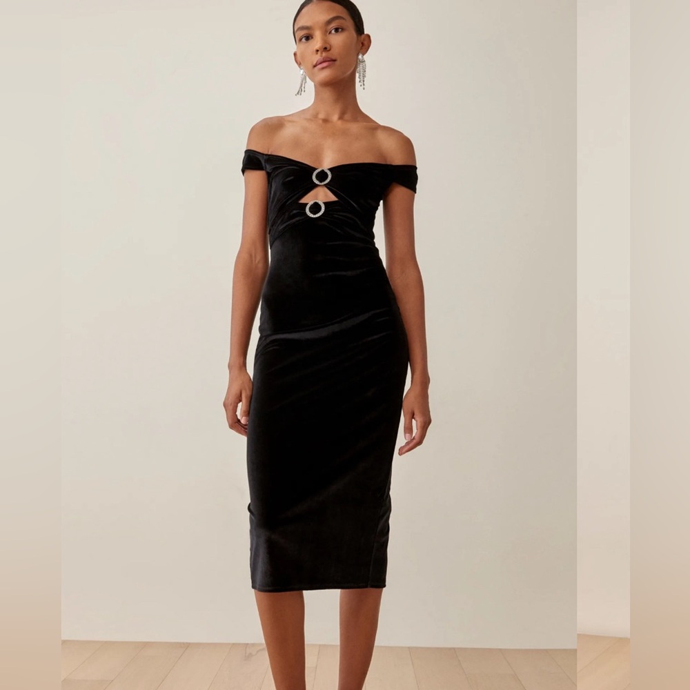 Reformation Lantern Velvet Black Dress - Small